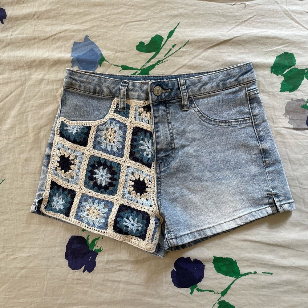 Denim Crochet Patchwork Girl's Shorts - Picture 2 of 4